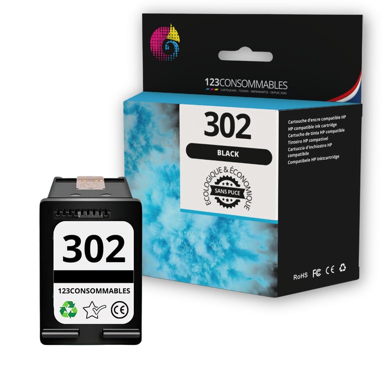 123CONSOMMABLES 302 Cartouche d'encre compatible avec HP 302 Cartouche Encre pour OfficeJet 3831 3833 3830 DeskJet 3630 2130 3632 Envy 4520 4525 4527 sans puce Neuf