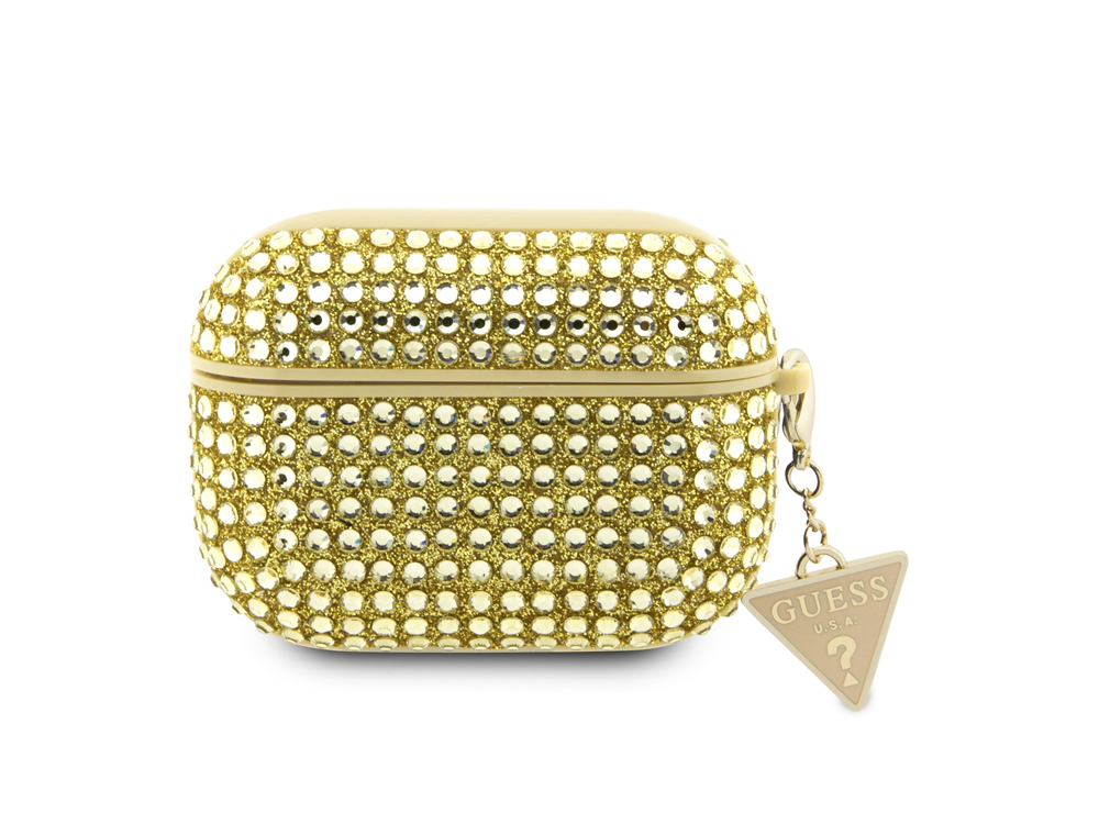 Guess Coque Pour Airpods Pro 4g Diamond Avec Charm Triangle Scintillant Ornée De Strass Dorée