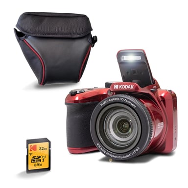 KODAK Pixpro AZ405 Bridge 20MP, Zoom X40, Grand Angle 24mm, Full HD 1080p, OIS, LCD 3'', Housse + Carte SDHC 32GB U1, Pile AA - Rouge