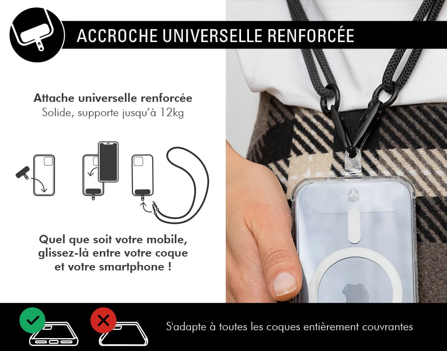 Bandoulière Cordon Universelle Amovible Noire + Garantie à vie Force Case - Neuf