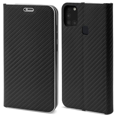Moozy Étui Portefeuille pour Samsung A21s, Noir Carbone - Protection des Bords Métalliques Fermeture Magnétique Flip Cover avec Porte-Cartes