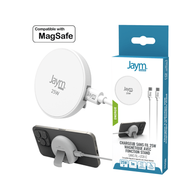 JAYM - Chargeur Induction Rapide Qi2 25W Certifié, Pad Magnétique compatible MagSafe Support Stand Intégré - Chargeur sans Fil Intelligent pour iPhone 16/15/14/13/12, Galaxy S26/S25/S24, Pixel - Blanc