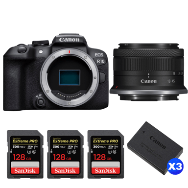 Appareil photo hybride Canon EOS R10 + RF-S 18-45mm F4.5-6.3 IS STM + 3 SanDisk 128GB Extreme PRO UHS-II + 3 Canon LP-E17 + Ebook ''20 astuces pour des images qui claquent''