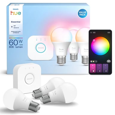 Kit de démarrage Philips Hue Essential 3 ampoules E27 806 lm 16M couleurs Hue Bridge Blanc - Neuf