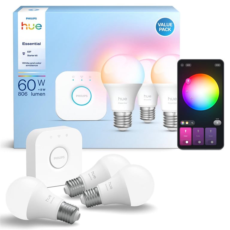 Kit de démarrage Philips Hue Essential 3 ampoules E27 806 lm 16M couleurs Hue Bridge Blanc - Neuf