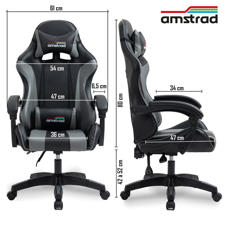 Amstrad AMS-800-BLACK Fauteuil / Chaise de bureau Gamer coloris noir & gris- coussin lombaire & appuie tête
