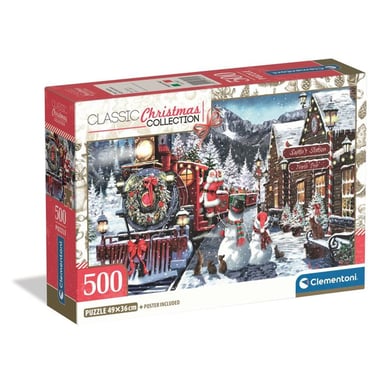 Puzzle 500 pièces Clementoni Christmas Train Station avec poster Train de Noël bonhomme de neige Rouge - Neuf