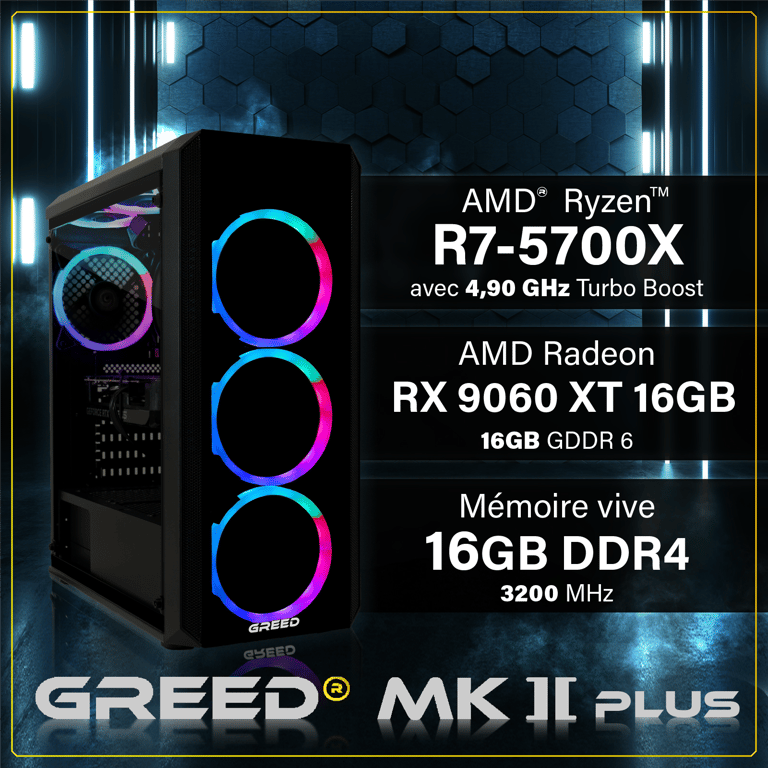 GREED MK2 Plus Gaming PC / Ordinateur AMD Ryzen 7 Radeon RX 9060 XT 8 Go RAM DDR4 SSD PC Gamer avec WiFi + Windows 11 Pro Neuf - vue 4