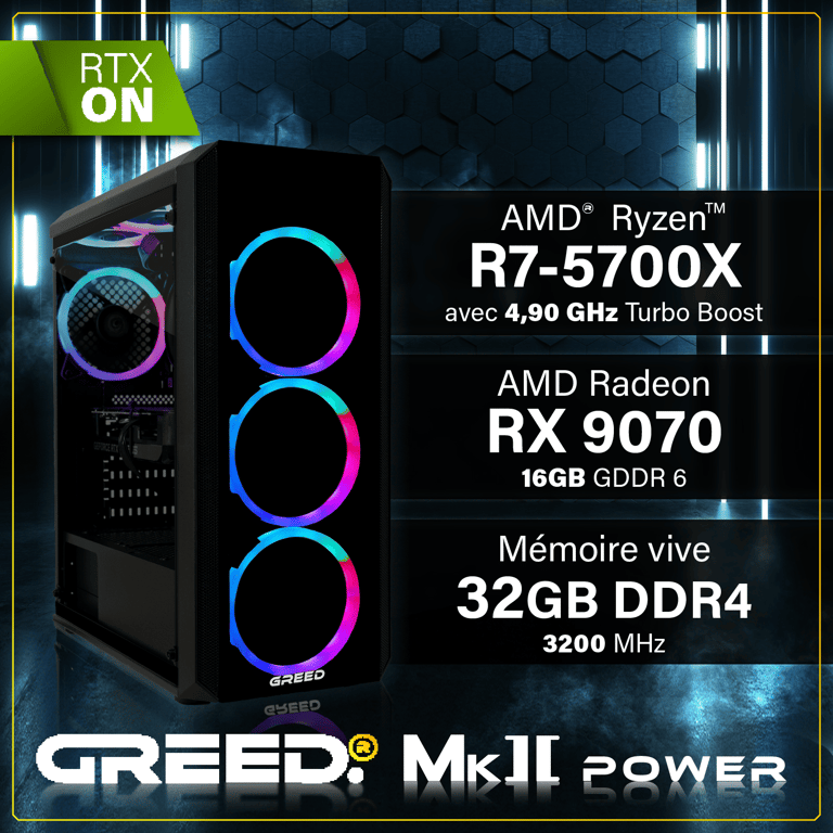 GREED MK2 Power Gaming PC / Ordinateur AMD Ryzen 7 Nvidia Geforce RTX 5060 Ti RAM DDR4 SSD PC Gamer avec WiFi + Windows 11 Pro Neuf - vue 4