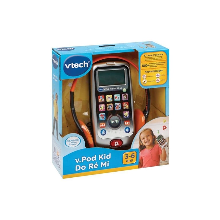 Lecteur musical portable VTech V.Pod Kid Do Ré Mi 16 chansons 17 mélodies 10 activités Écran interactif Casque inclus Orange/Argent - Neuf