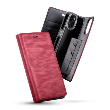 Diarycase 2.0 Funda tipo almeja de piel auténtica con soporte magnético para Apple iPhone 14 Plus, Rojo Burdeos