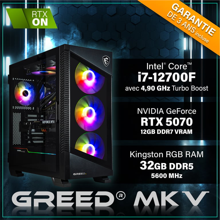 MK5 - PC Gamer - Intel Core i7 12700F - Nvidia Geforce RTX 5070 (12 Go) - Ultra Bureau PC Gaming - 4K & Raytracing avec 32 GO RAM DDR5 - Watercool - 1 TO SSD - Ordinateur avec WiFi + Windows 11 Pro - Neuf