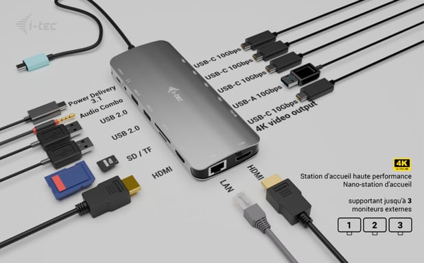 i-tec Metal USB-C Nano 3x Display Dock, 2x HDMI 1x USB-C video with Power Delivery 140W + Universal Charger 140 W