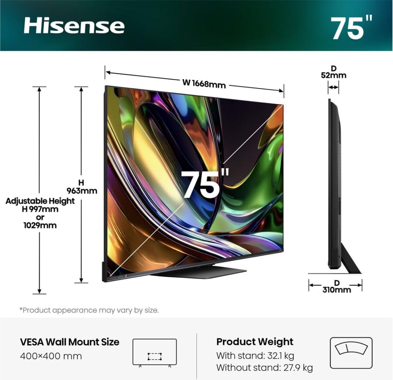 TV Hisense RGB Mini LED 4K 75UR8S 189 cm 2026 - vue 4