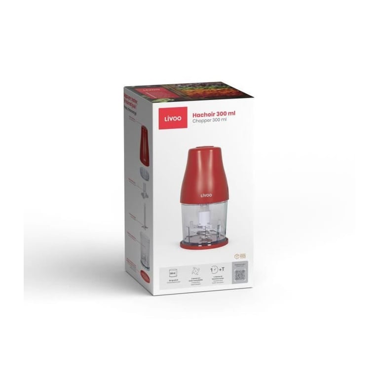 Hachoir LIVOO DOP244R 1 vitesse et turbo Bol gradué 300 ml 2 lames acier inoxydable - vue 4