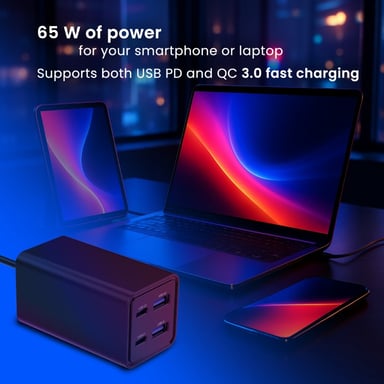 Gembird TA-UC-2A2C-PD65-01-BK chargeur d'appareils mobiles Ordinateur portable, Smartphone Noir Secteur Charge rapide Intérieure
