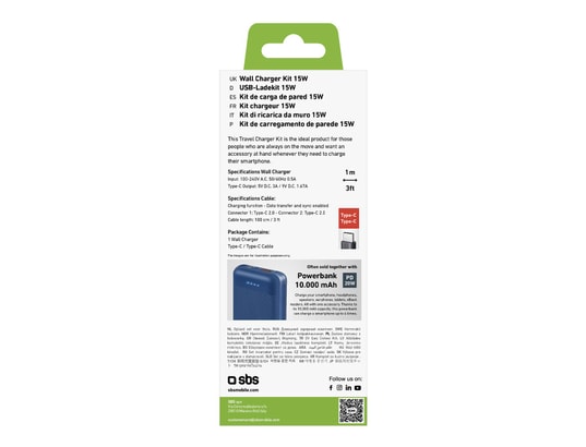 SBS Kit avec chargeur secteur 15W et câble USB C USB C Noir - vue 3