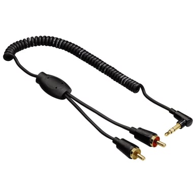 Cable en espiral ''Flexi-Slim'', toma macho estéreo de 3,5 mm a 90° - 2 RCA macho, 0,75 m