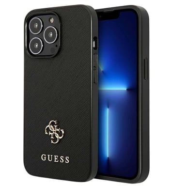 Guess Funda para iPhone 13 Pro Antichoque Efecto Saffiano con Logo 4G Metálico Negro