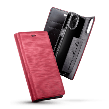 Diarycase 2.0 Funda tipo almeja de piel auténtica con soporte magnético para Apple iPhone 14, Rojo Burdeos