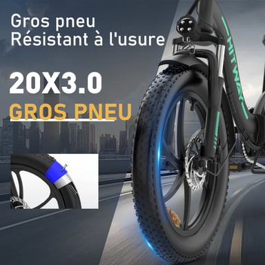 Vélo électrique pliant HITWAY - Pneu 20 pouces Fat Tire Ebikes - 250 W - SHIMANO à 7 Vitesses - 36V/11 - 2AH - Noir