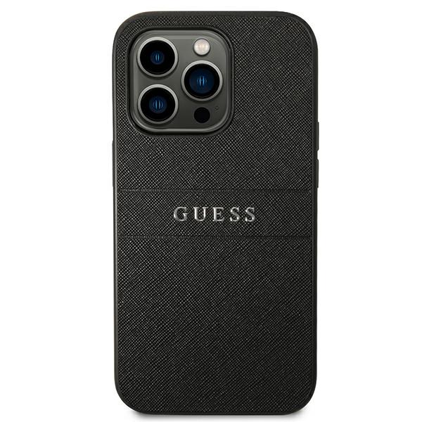 Guess Saffiano Metal Logo Stripes Coque iPhone 14 Pro (Noir) - 3666339088606 Blanc - vue 2