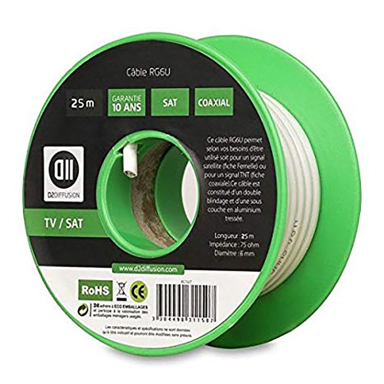 D2 Diffusion Bobine de câble Coaxial 25 m Blanc diamètre 6mm