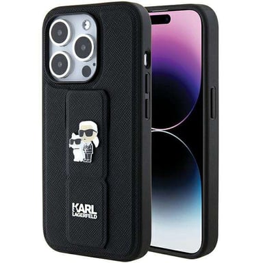 Custodia Karl Lagerfeld per iPhone 15 Pro Max 6,7'' nero Custodia rigida Gripstand Saffiano Karl&Choupette Pins