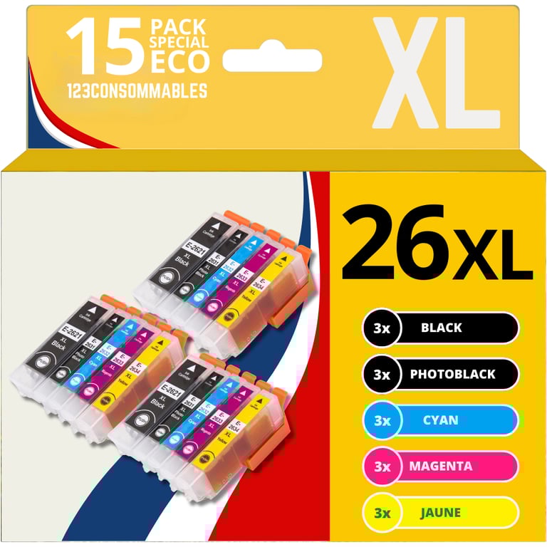 123CONSOMMABLES 26XL Pack 5 Cartouches d'encre compatibles avec Epson pour Epson Expression Premium XP 510 XP 520 XP 600 XP 605 XP 610 XP 615 XP 620 XP 625 XP 700 XP 710 XP 720 XP 800 XP 810 Neuf - vue 3