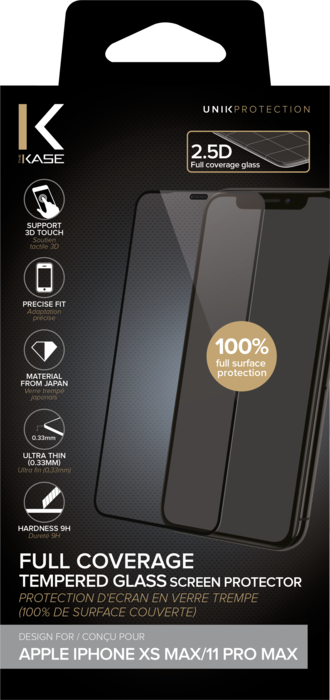 Protector de pantalla de vidrio templado (100% de cobertura de superficie) para Apple iPhone XS Max/11 Pro Max , Negro