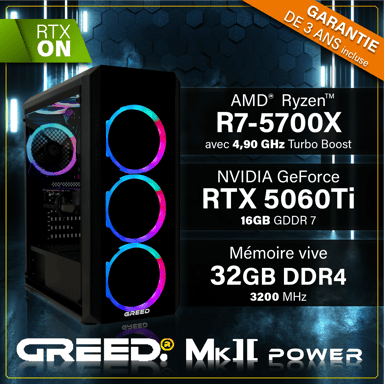 MK2 Power - PC Gamer - AMD Ryzen 7 5700X - Nvidia Geforce RTX 5060 Ti - Rapide Bureau PC Gaming - 32 GO RAM DDR4 - 1 TO SSD - Ordinateur avec WiFi + Windows 11 Pro