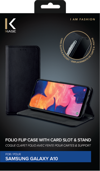 Coque clapet folio avec fente pour cartes & support pour Samsung Galaxy A10 2019, Noir