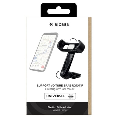 Support Voiture Ventilation Bras rotatif Maintien clip ajustable Noir Bigben