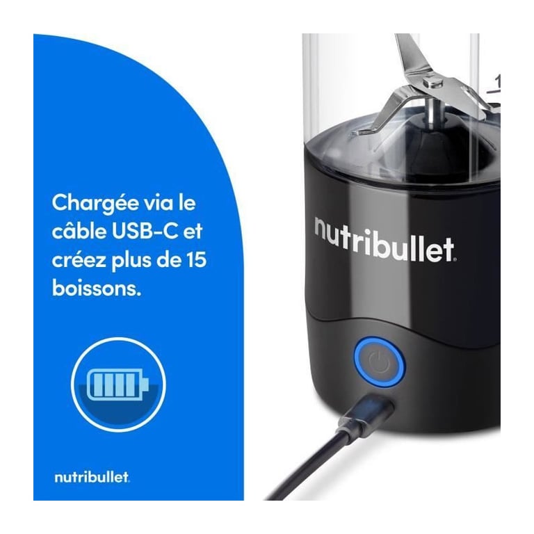 nutribullet blender portable léger tasse tritan sans BPA 475ml mini blender avec lame en acier inoxydable 4 points blender nomade chargeur USB C plus de 15 cycles avant recharge NBP003B - vue 3