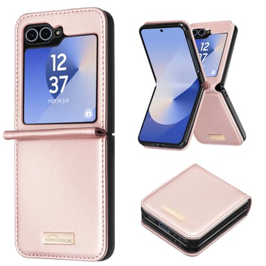 Avizar Carcasa para Samsung Galaxy Z Flip 6 Cuero Vegano, Diseño Fino Rosa dorado