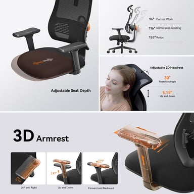 NEWTRAL MAGICH003 Chaise Ergonomique, Dossier Auto-Suivant, Soutien Lombaire Adaptatif, Appuie-Tête Réglable, Profondeur de Siège Ajustable, Accoudoir 3D, 3 Positions de Verrouillage