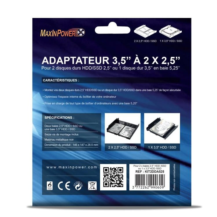 Adaptateur MIP pr 2 SSDHDD 2.5 ou 1 disque dur 3.5 en baie 5.25 - vue 3