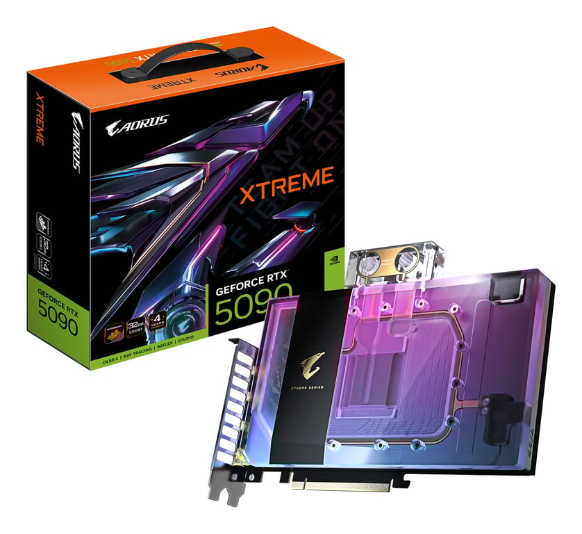 GIGABYTE AORUS GeForce RTX 5090 XTREME WATERFORCE WB 32G Carte Graphique GDDR7 512 bits PCI E 5.0 2655 MHz Fréquence du Cœur 3 x DP 2. 1 x HDMI 2.1b NVIDIA DLSS 4 GV N5090AORUSX WB 32GD Neuf