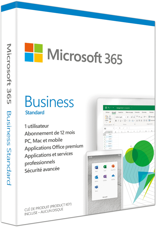 Microsoft 365 Business Standard 1 utilisateur 5 PC ou Mac + 5 tablettes + 5 smartphones 1 an
