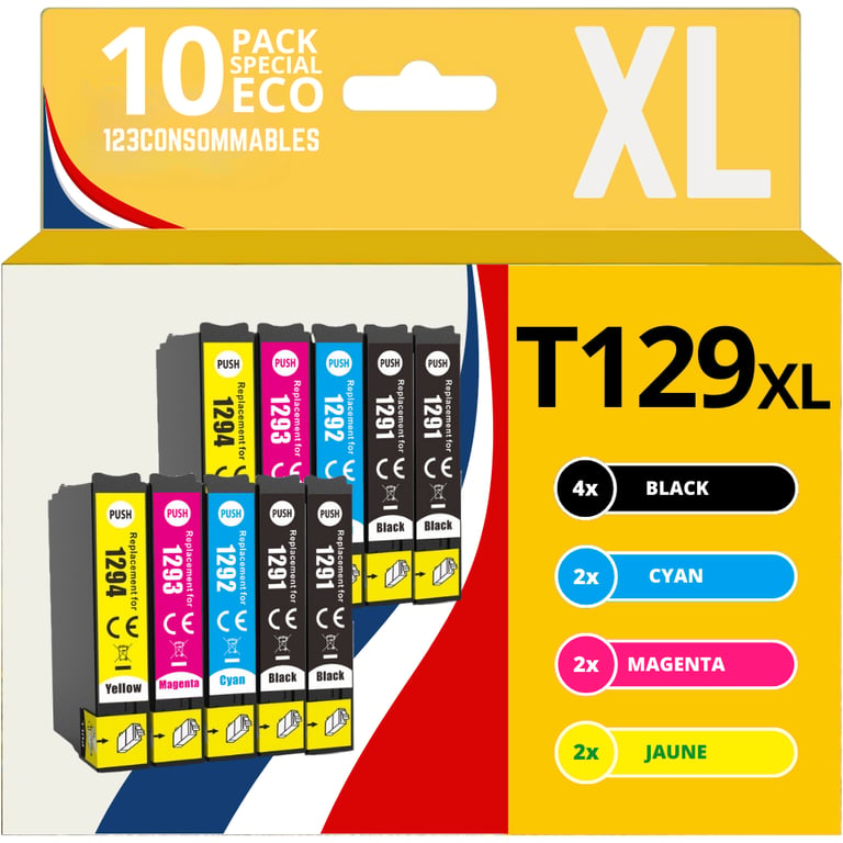 123CONSOMMABLES T1295 Pack 10 Cartouches compatibles avec EPSON T1295 pour Epson Stylus SX525WD SX535WD SX425W SX230W SX235W Stylus Office BX635FWD BX305FW Workforce WF 3520 Neuf