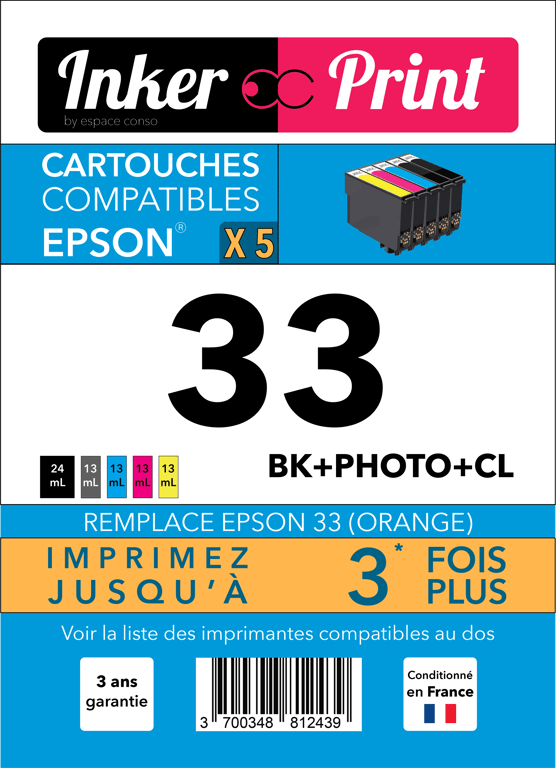 Pack de Cartouches d'encre recyclées compatibles avec EPSON 33 XL (Noir et Couleurs)