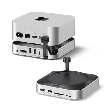 Estación de acoplamiento y soporte para Mac Mini M4 y M4 Pro Docking Station Hub USB C con caja M.2 NVME SSD DisplayPort 4K 240Hz 144Hz 5 USB 3.2 4A1C 10Gbps ranura SD TF 3.5mm Aux