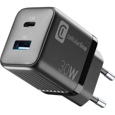 Cellularline - Chargeur secteur Multipower Micro - Super Fast Charger 30 W avec 2 ports USB-C - Équipé de la technologie Gan - Compatible avec Smartphone -  iPhone -  Tablet -  iPad et MacBook
