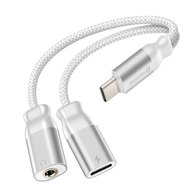Swissten Adaptador carga/audio USB-C 3.5mm 2en1 nylon Blanco