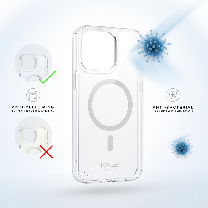 Funda antigolpes magnética antibacteriana invisible para Apple iPhone 15 Pro Max, Transparente