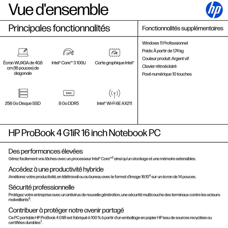 HP ProBook 4 G1iR 16 inch Notebook PC Intel Core 3 Ordinateur portable 40 6 cm 16 WUXGA 8 Go DDR5 SDRAM SSD Wi Fi 6E 802.11ax Windows 11 Pro Neuf - vue 2