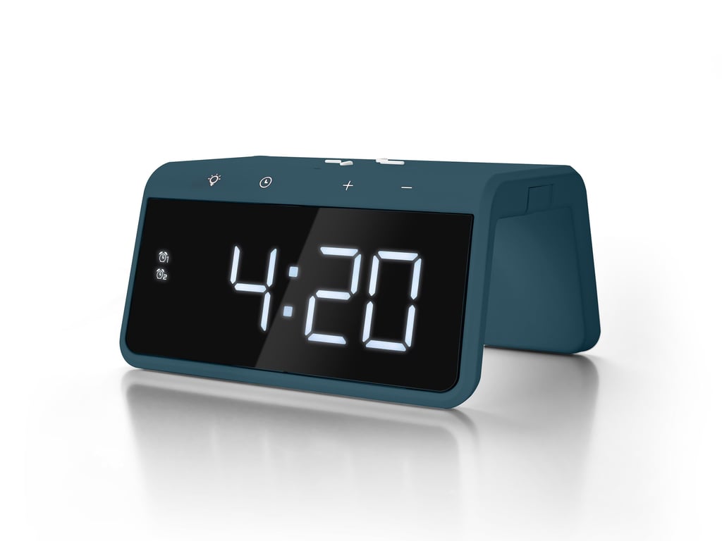 Reloj despertador digital Jupiter con cargador inalámbrico - Reloj despertador doble con luz de alarma - Azul Pacífico (HCG019QI-PB)