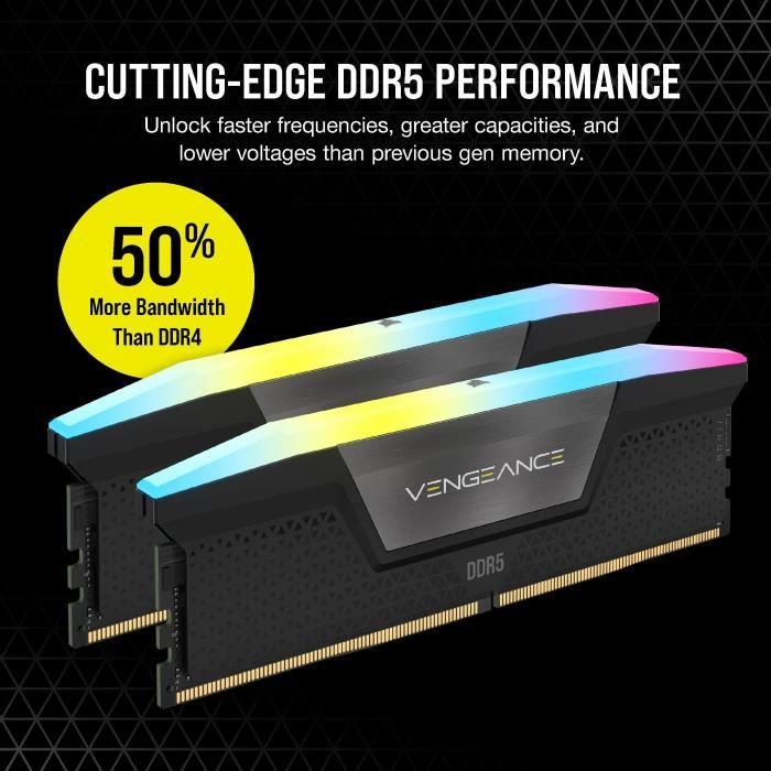 Corsair Vengeance RGB DDR5 - 32 Go (2 x 16 Go) - 5200 MT/s C40 - Intel XMP 3.0 - Noir - Neuf
