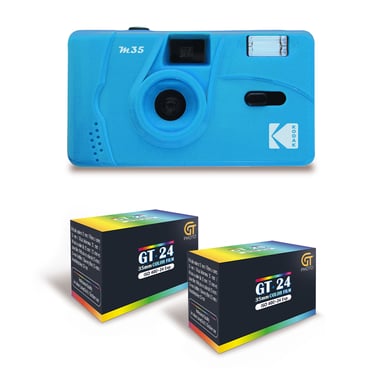 KODAK M35 - Appareil Photo Rechargeable 35mm, Objectif Grand Angle Fixe, Viseur Optique, Flash Intégré - Bleu + 2 Pellicules GT24 Couleur compatible 24 Expositions