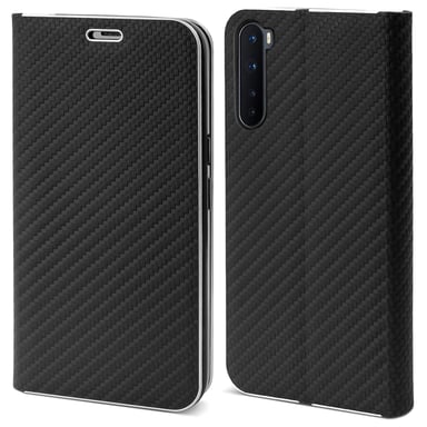 Moozy Étui portefeuille pour OnePlus Nord, Black Carbon - Étui à rabat avec bordure métallique, fermeture magnétique, porte-cartes et fonction béquille